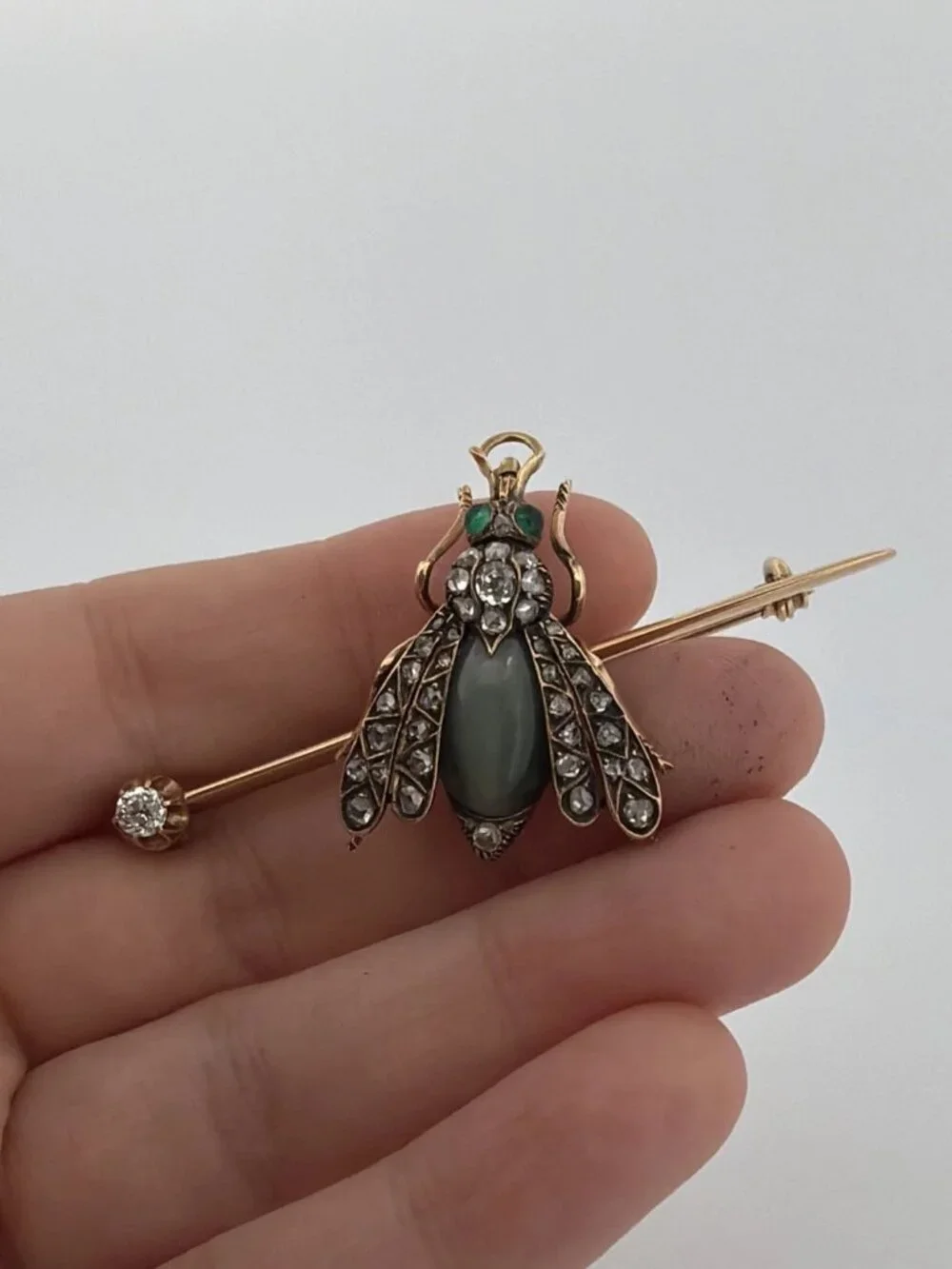 Antique Victorian Bee Brooch 14K Gold & Silver Diamond Emerald Cats Eye Quartz - Picture 11 of 13